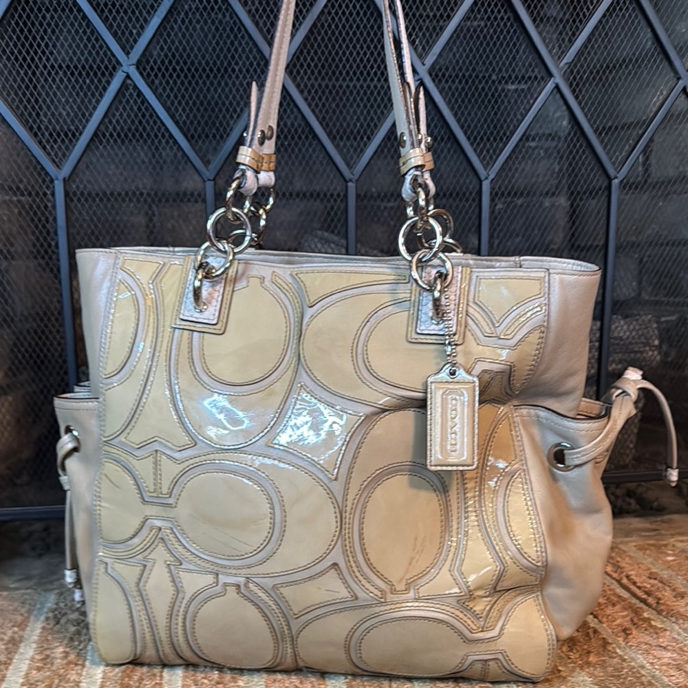 Coach Beige Patten Leather Tote Bag with Python embossed handles